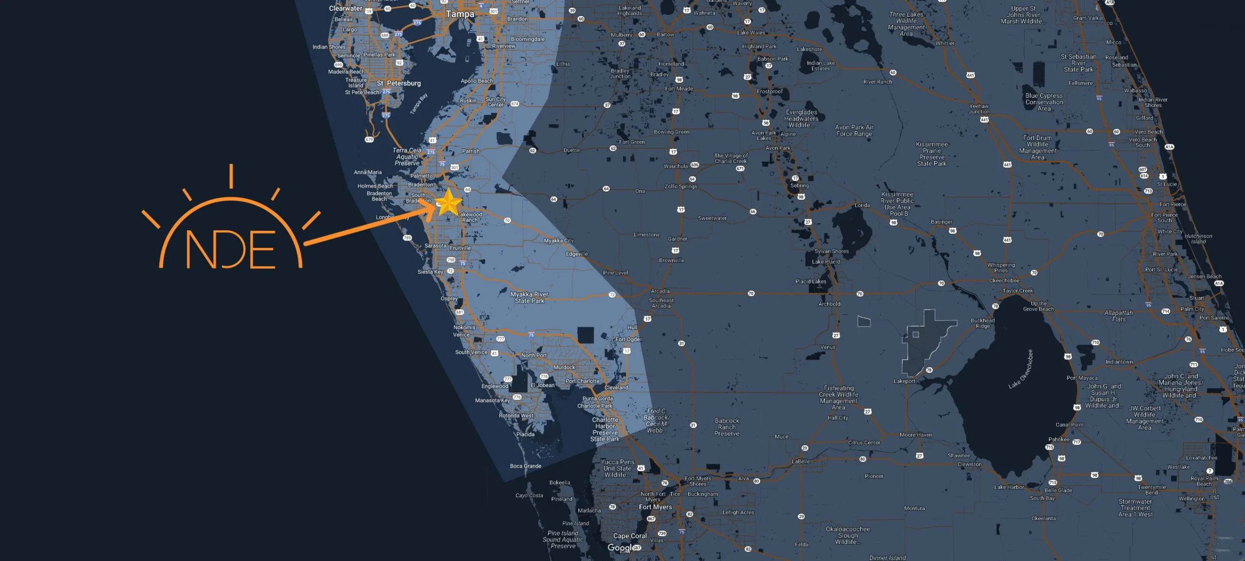 Map of Florida highlighting service areas for New Dawn Electric with "NDE" logo and sun icon, emphasizing electrical services in Bradenton, Sarasota, and surrounding regions.