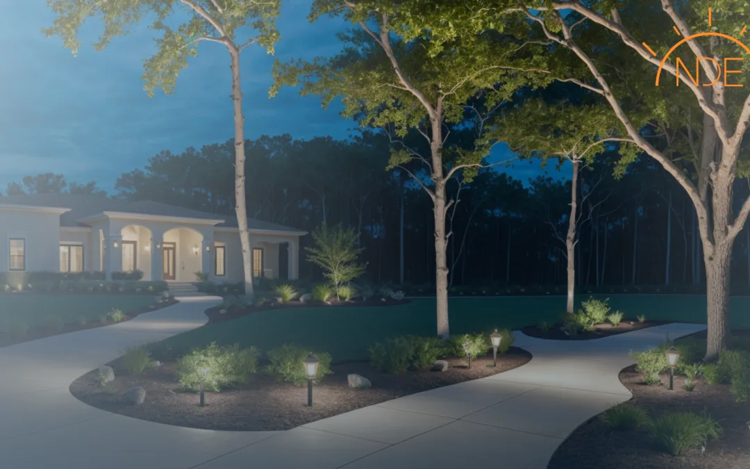 Outdoor lighting illuminating a landscaped pathway and home entrance at night, enhancing ambiance and security for residential properties.