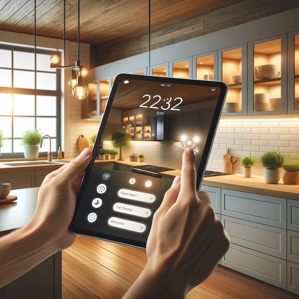 DALL·E 2024 03 12 11.54.57 A homeowner adjusting smart kitchen lighting from a tablet showcasing the capability to control the lightings color temperature and bright