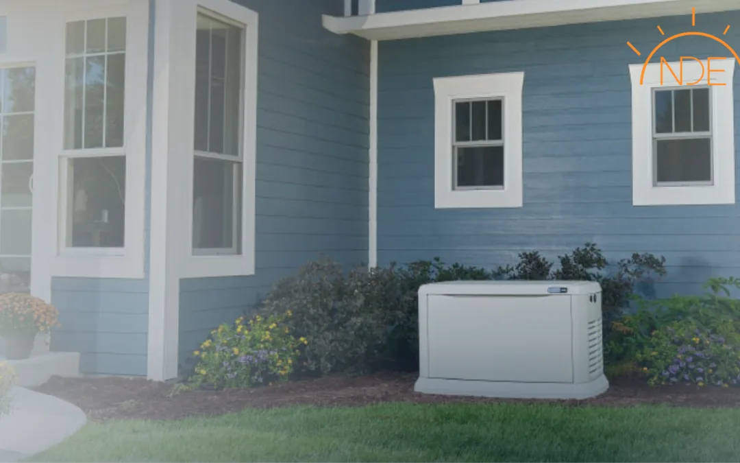 Whole-house generator installed outside a blue home, surrounded by landscaping, illustrating reliable power solutions for Florida residents facing storms and hurricanes.