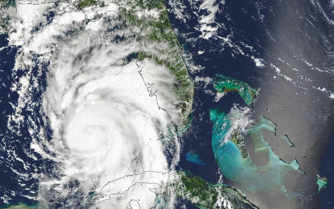 Satellite image of Hurricane Idalia approaching Florida, showcasing swirling clouds and storm patterns over the Gulf of Mexico, relevant to hurricane preparedness and electrical safety in coastal regions.