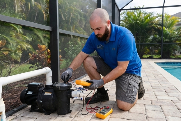 New Dawn Electrician performing work on a pool pump in Bradenton FL
